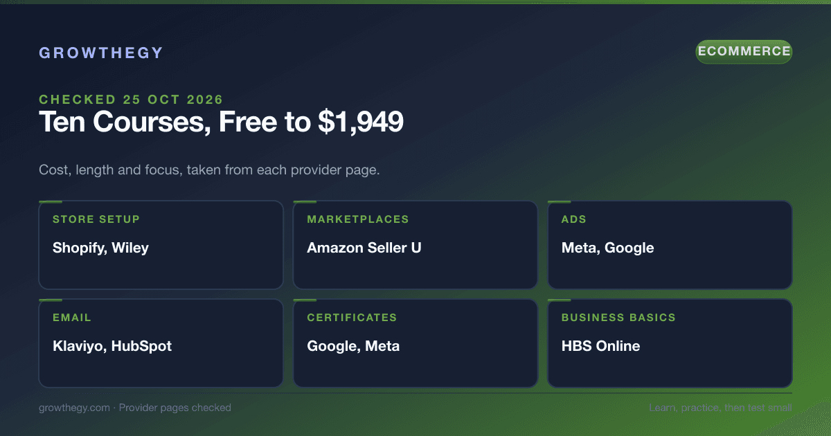 Infographic: ten courses for learning ecommerce grouped by skill, from store setup and marketplaces to ads, email, certificates and business basics
